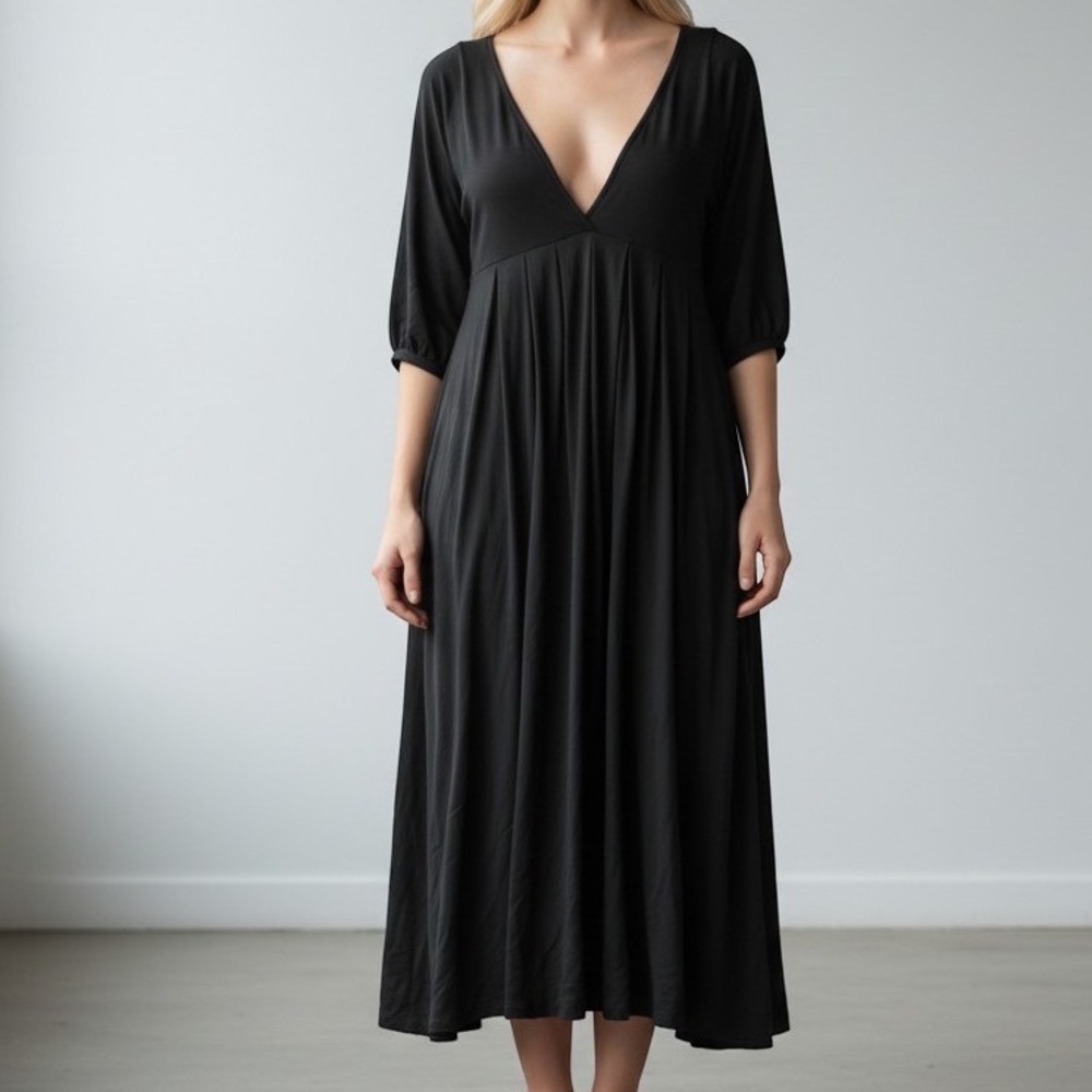 Bread and Butter Midi Dress Women Size S Black V-Neck Empire Waist Pleated Boho